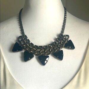 Chunky Statement Black Onyx Smoky Quartz  Rhinestone Colored Gunmetal Necklace